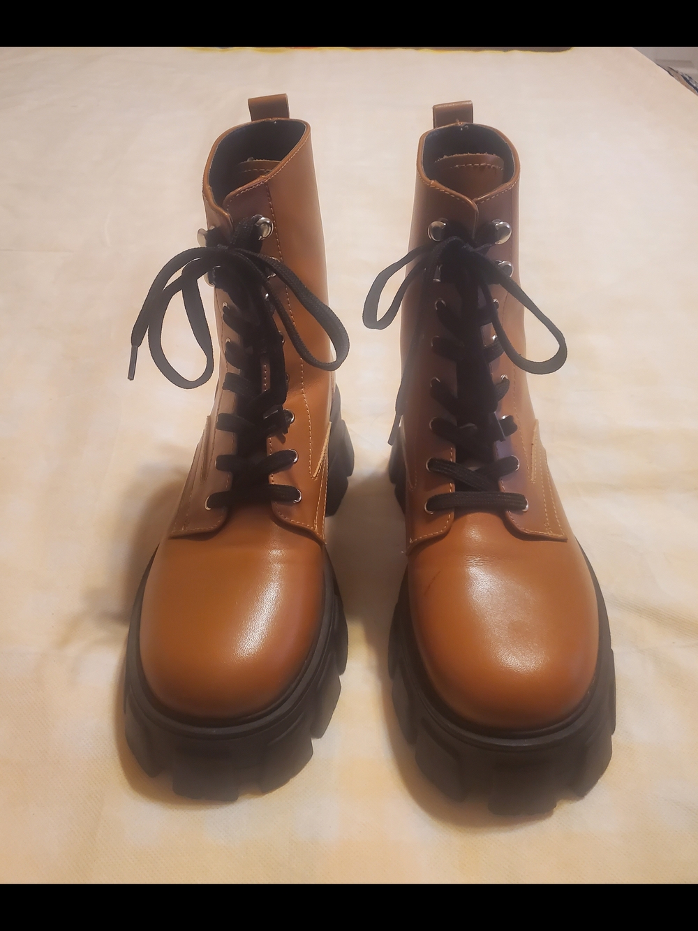 Marc Fisher Tan Leather Combat Boots with Black Lug Soles